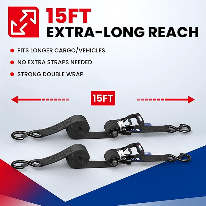 MOCA 15ft Heavy Duty Ratchet Tie Down Straps 1.6"x 15' (5200 Lbs Breaking Strength), Ultimate Tie Down Straps with Coated Chromoly S Hooks for Trucks, Cargo, Motorcycle, Cargo & More, Carry Bag, Black