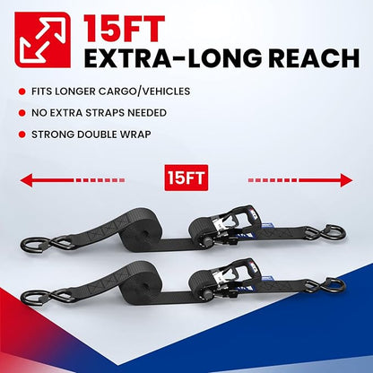 MOCA 15ft Heavy Duty Ratchet Tie Down Straps 1.6"x 15' (5200 Lbs Breaking Strength), Ultimate Tie Down Straps with Coated Chromoly S Hooks for Trucks, Cargo, Motorcycle, Cargo & More, Carry Bag, Black