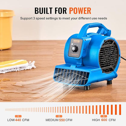 VEVOR Floor Blower, 1360 RPM 600 CFM, Air Mover for Drying and Cooling, Portable Carpet Dryer Fan with 4 Blowing Angles,3-Speeds Adjustment, for Janitorial, Home, Plumbing, Commercial Use