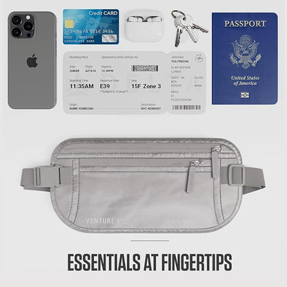 VENTURE 4TH Money Belt for Travel – Hidden Under-Clothes RFID Blocking Passport Holder & Slim Travel Wallet Pouch for Men & Women to Protect Cash, Cards & Documents (Sleek Silver)