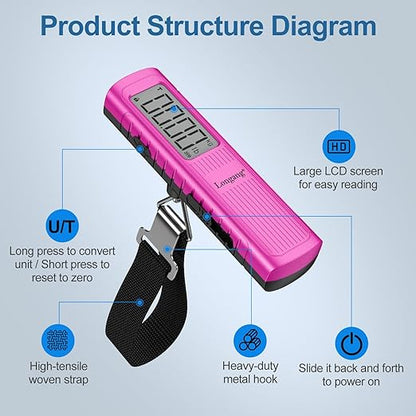 Battery-Free Digital Luggage Scale, 110lbs/50kg Portable Handheld Hanging Scale for Luggages, Suitcases, Backpacks & Bags, Easy Weighing for Travel, No Need Batteries (Pink)