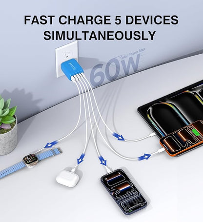 2-Pack USB C Wall Charger Block,60W 5-Port C Charger Fast Charging Block PD Power Adapter +QC 3.0 Multiport Type C Box Charger Cube USB A Wall Plug for iPhone 14/15/16/17 Pro Max,Samsung Galax