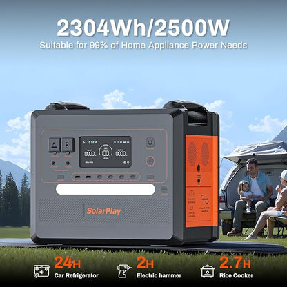 SolarPlay Portable Power Station 2500W(Peak 5000W), 2304Wh Solar Generator with 400W Panel 1.5Hrs Fast Charging LFP Battery4 AC Outlets Emergency Power Station for Home Camping Outdoor Battery Backup