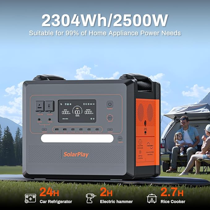 SolarPlay Portable Power Station 2500W(Peak 5000W), 2304Wh Solar Generator, 1.5Hrs Fast Charging LiFePO4 Battery 4 AC Outlets BMS Emergency Power Station for Home Camping Outdoor Battery Backup