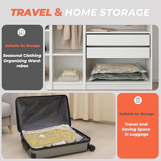 Vacuum Seal Bags for Clothing Travel, 8 Pack 34" Vacuum Storage Bags with Wireless Charging Pump Compression Packing for Clothes Blanket Bedding Suitcase Luggage, Space Saver for Travel