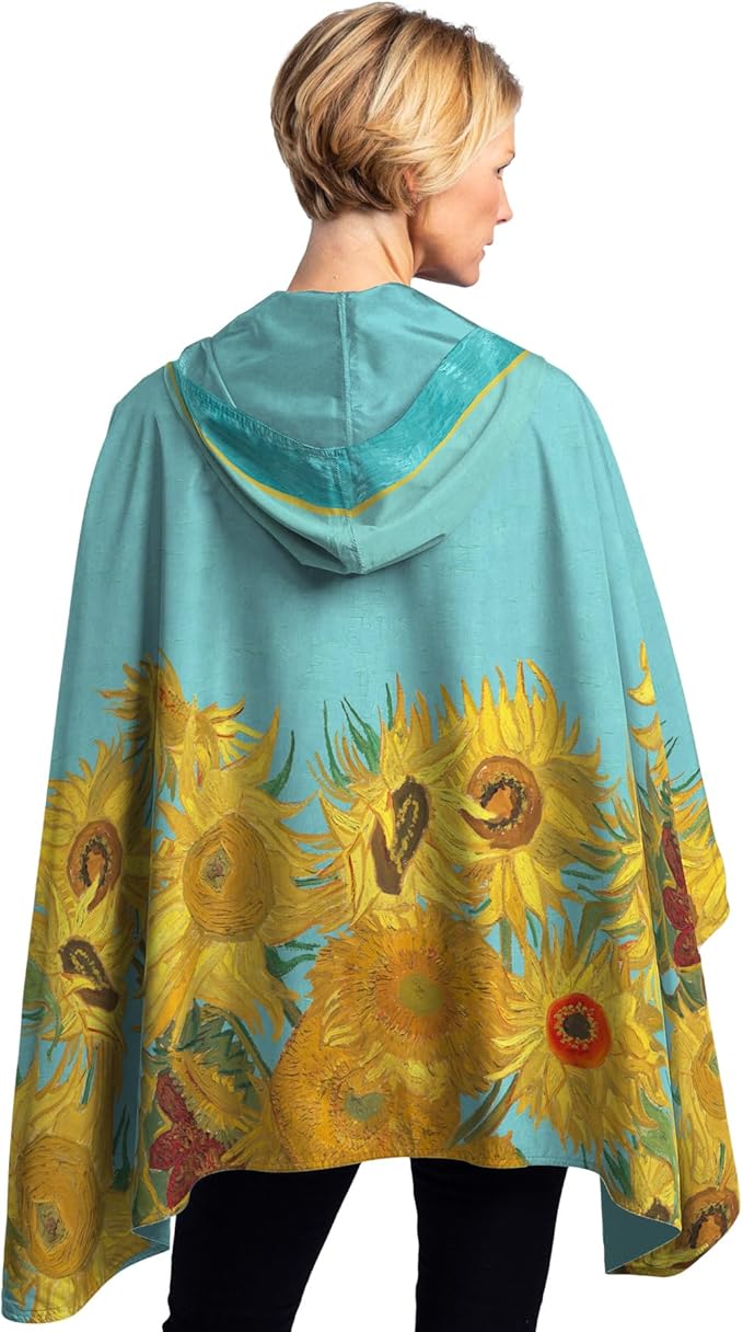 RainCaper van Gogh Sunflowers Womens Rain Cape Poncho with Hood Reversible