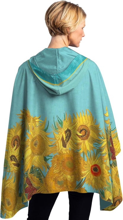 RainCaper van Gogh Sunflowers Womens Rain Cape Poncho with Hood Reversible