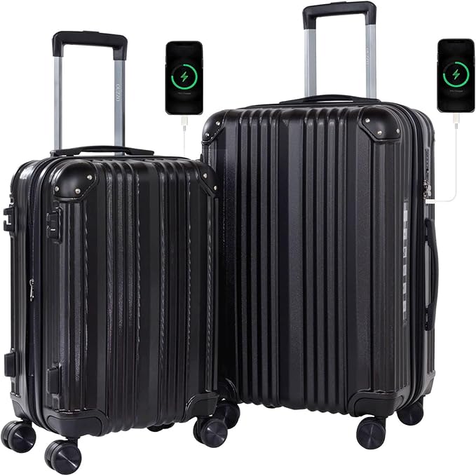 OUZZO Luggage Sets 2 Piece Expandable 20/24 Inch Suitcase with Double Spinner Wheels Lightweight ABS+PC Hardshell Travel Suitcase Sets with TSA Lock USB Port Business & Family Trips