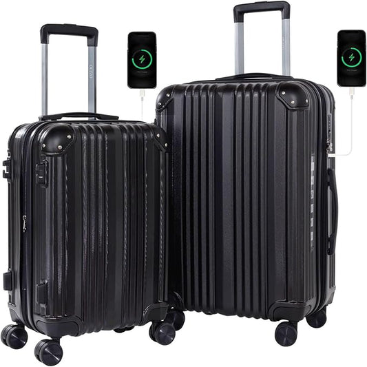 OUZZO Luggage Sets 2 Piece Expandable 20/24 Inch Suitcase with Double Spinner Wheels Lightweight ABS+PC Hardshell Travel Suitcase Sets with TSA Lock USB Port Business & Family Trips