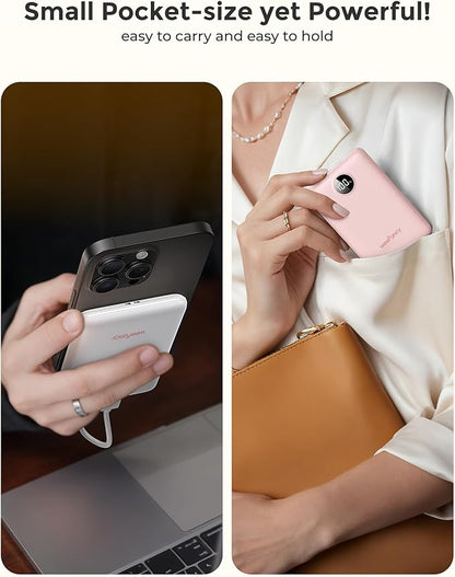 Small Portable Charger 10000mAh, Mini Power Bank with LED Display, 22.5W PD Fast Charging USB-C Battery Pack, Compact Lightweight Travel Charger Compatible with iPhone Samsung Android, White