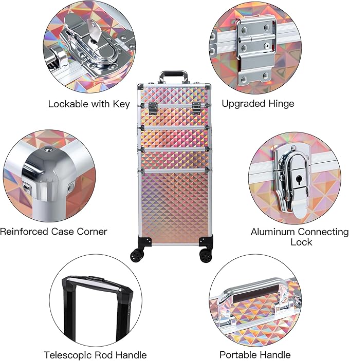 Professional Rolling Makeup Case, Cosmetology Case on Wheels 4 in 1 Large Cosmetic Train Case, Ideal Gift for Hairstylist, Nail Techs, Portable Beauty Organizer for Travel or Salon Use