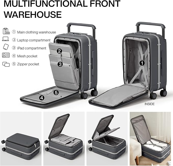 mixi Carry On Luggage 20'' Suitcase with Front Laptop Pocket, Wide Handle Rolling Travel Suitcases PC Hardshell with Aluminum Frame Spinner Wheels & TSA Lock, Carry-On Luggage(Rock Grey)