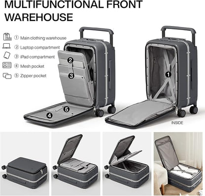 mixi Carry On Luggage 20'' Suitcase with Front Laptop Pocket, Wide Handle Rolling Travel Suitcases PC Hardshell with Aluminum Frame Spinner Wheels & TSA Lock, Carry-On Luggage(Rock Grey)