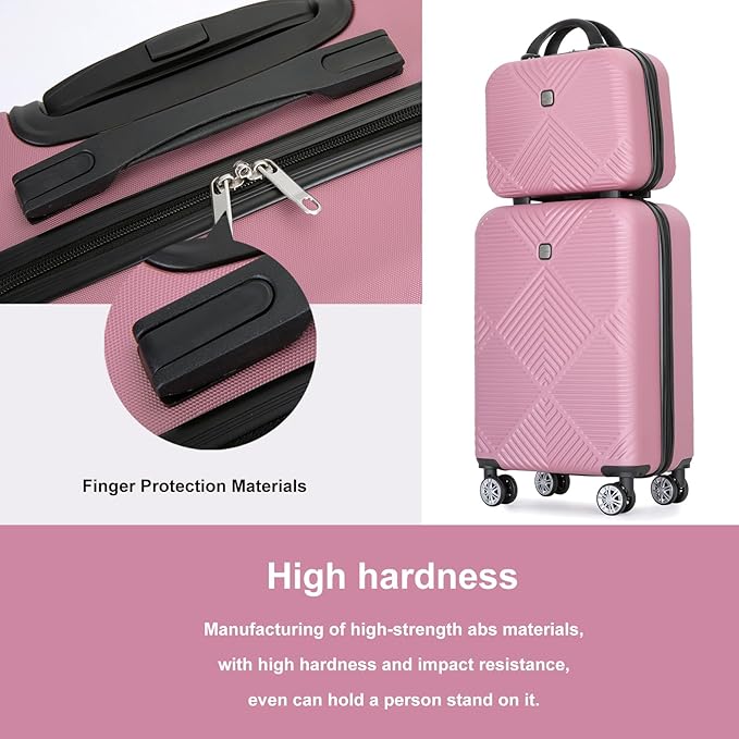 Luggage 4 Piece Set, Hardshell ABS Suitcase Set with Double Spinner Wheels, Lightweight Suitcase, Carry On and Checked Travel Luggage,Rose Pink