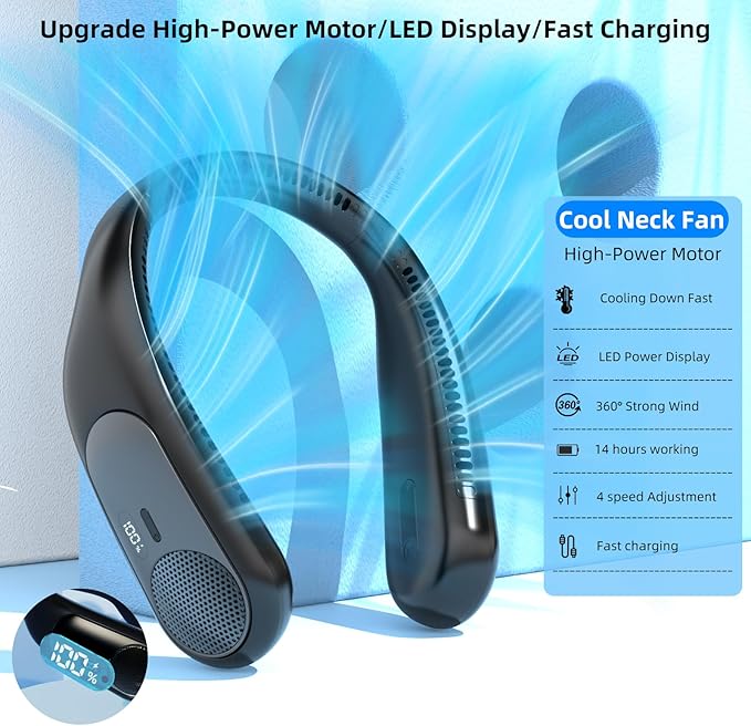 Portable Neck Fan,Personal Wearable Bladeless Fan,LED Display,4-Speeds,6000mAh USB Rechargeable,360° Strong Cooling Wind,Hands Free,White Elephant Gift,Christmas Gifts for Men Women Dad Mom (Black)