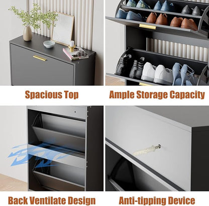 JOZZBY Shoe Cabinet Storage for Entryway, Slim Black Hidden Shoe Organizer Cabinet with 2 Flip Drawers, Wooden Narrow Shoe Rack with 2 Tier Freestanding for Hallway, Living Room