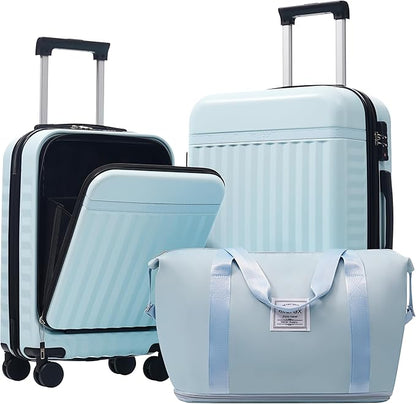 Merax Luggage Sets 3 Piece,Front Open Hardshell Expandable Suitcase with Spinner Wheels and Duffel Bags,Lightweight Carry on Luggage with USB Port,20/24IN,Light Blue