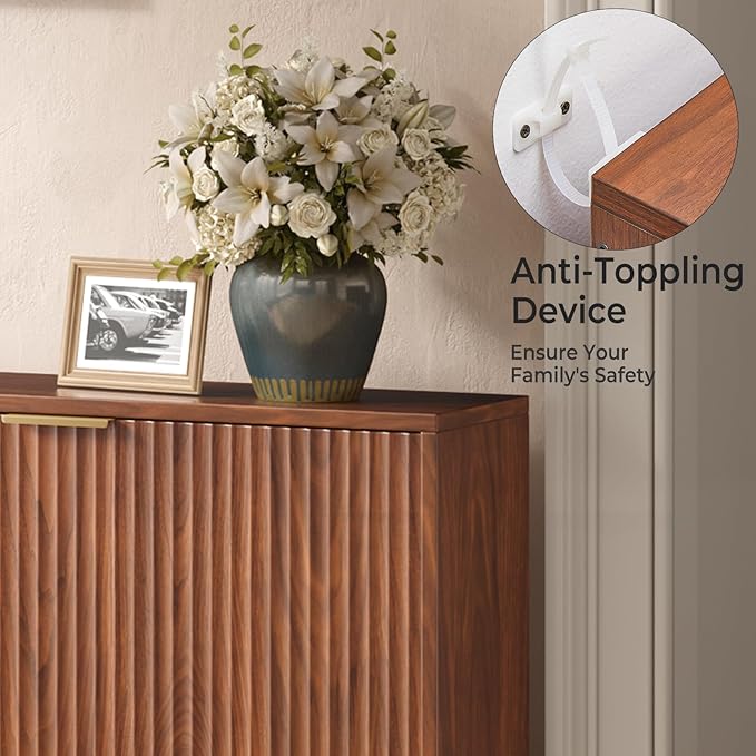 47.2''W Walnut Shoe Storage Cabinet for Entryway with 4 Flip Drawers, Fluted Slim Shoe Cabinet, Free Standing Wooden Shoes Organizer for Foyer, Hallway