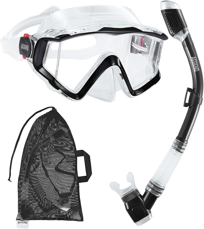Aegend Snorkeling Gear for Adults Youth Kids, Dry Snorkel Set Panoramic View Enhanced Anti-Leak and Anti-Fog Technology, Adjustable Strap for Snorkeling Scuba Diving Swimming with Mesh Bag