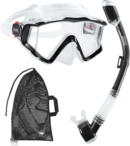 Aegend Snorkeling Gear for Adults Youth Kids, Dry Snorkel Set Panoramic View Enhanced Anti-Leak and Anti-Fog Technology, Adjustable Strap for Snorkeling Scuba Diving Swimming with Mesh Bag