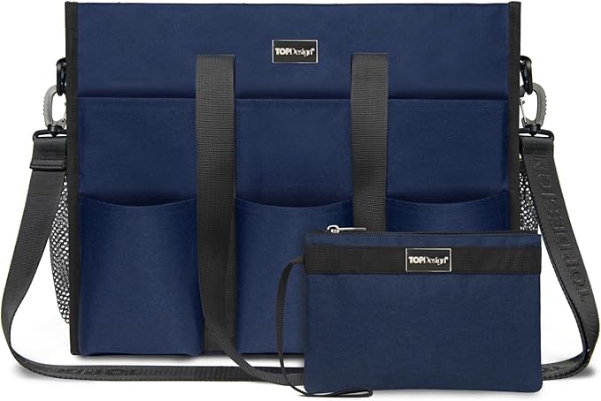 TOPDesign Utility Water Resistant Tote Bag with 22 Pockets, Top Zipper Closure & Thick Bottom Support, for Working Women