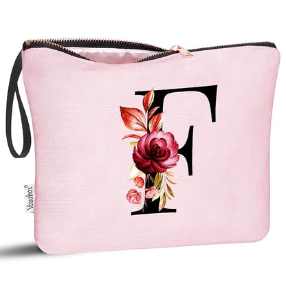 Vavabox A-Z Personalized Makeup Bag, Birthday Gifts for Women Mom, Gifts for Best Friend, Bride Bridesmaid Cosmetic bag (F, Pink)