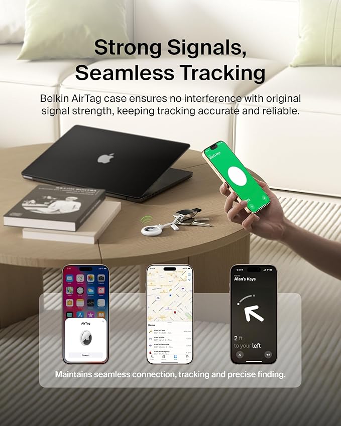 Belkin Apple Airtag Secure Holder With Strap - Apple Air Tag Keychain - Airtag Holder With Strap For Key Ring - Airtag Keychain Accessories - Scratch Resistant Airtag Case With Raised Edges - White