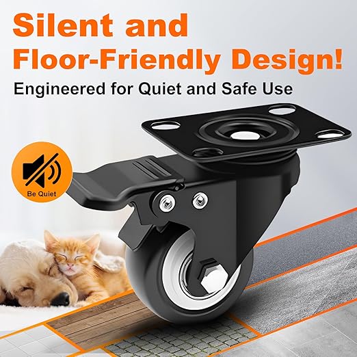 2 Inch Heavy Duty Casters 4 Sets of - Plate Casters with Brake, Bearing 600 pounds, 360 Degree Noiseless Rotating Wheels, Polyurethane (PU) Wheels for Furniture, Carts, Cabinets, Workbenches - Black