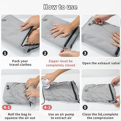 5 Set Vacuum Bags for Travel, Professional IPX8 Reusable Organizer, Compression Packing cube for Suitcases, Durable Seal Space Saver Bags -Traveling Essentials (Grey with Pump)