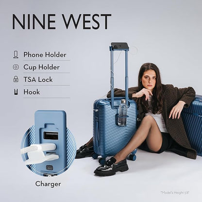 Nine West Zion 2 Piece Luggage Set for Cruise & Extended Trips, 32" Large Expandable Suitcase & 20" Smart Carry On with USB Port, Hardshell Spinners Lapis