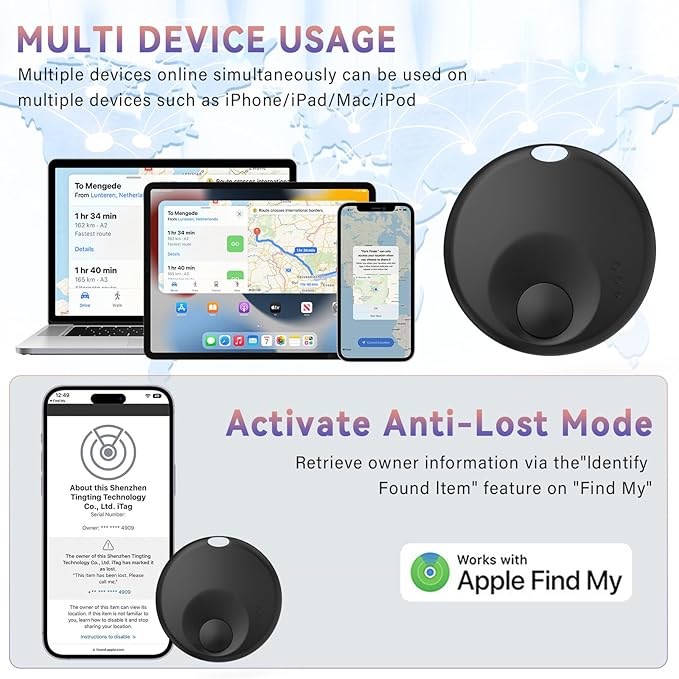 Smart Tracker Tag, GPS Item Finder Compatible with Apple Find My, IP67 Waterproof Track Locator for Keys, Wallets, Luggage, iOS Only (4 Pack)