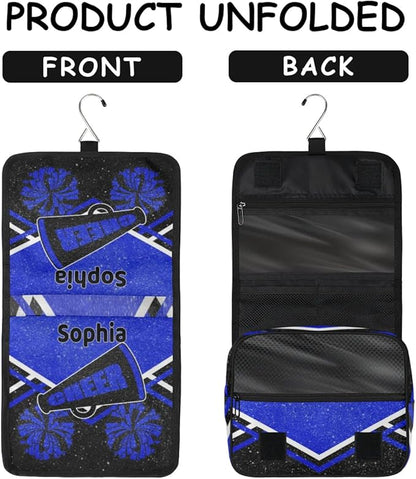 Personalized Travel Cheerleading Toiletry Hanging Bag Waterproof Bags, Custom Name Cosmetic Makeup bag Toiletries Organizer Container Bag, Royal Blue Black Glitters Effect