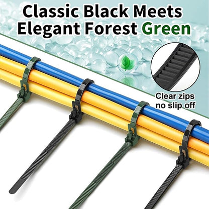 SOOOEC 200 Pack Reusable Zip Ties 12 inch Heavy Duty Outdoor UV Resistant, Releasable Black Zip Ties Indoor Round Ending No Hurt, Cable Ties Reusable Tie Wraps Non Slip Off (Black+ Green)