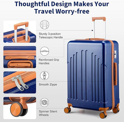 Karl home 24in Checked Luggage with TSA Lock, ABS Hardshell Check-in Suitcase with Spinner Wheels, Durable Medium Suitcase Rolling Luggage for Business Travel, Navy Blue & Brown