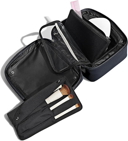Away Cosmetics Bag, Makeup Bag with Detachable Brush Roll, Waterproof, Clear Zip Pockets, Travel Friendly, Navy Blue