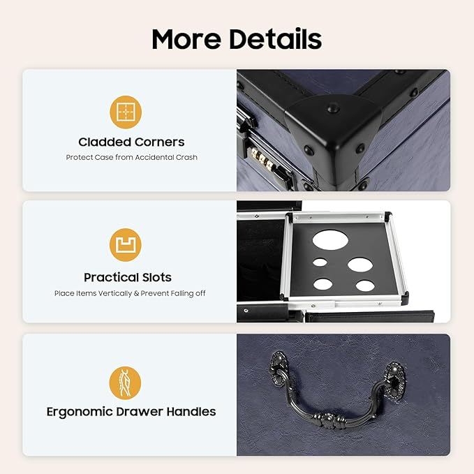 Beauty Rolling Makeup Train Case, Professional Lockable Rolling Salon Luggage, Retro-Rolling Cart Storage Organizer Trolley Make Up Case, 4 Universal Wheels, Retractable Rod, Buckle (Blue)