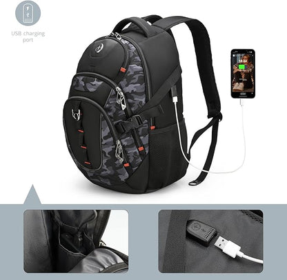 Swissdigital Design Laptop Backpack with USB Charging Port, Travel Backpack Fits 15.6 inches Computer, 31L College School Backpack for Men, Gray Camo | SD803-91
