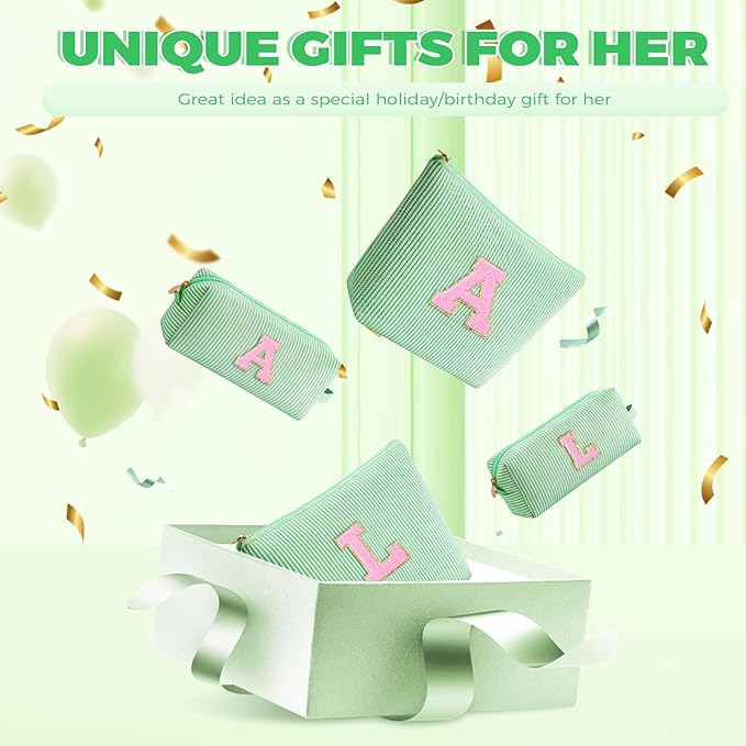 Monogrammed Gifts for Women - Cosmetic Bag for Teen,Initial Cute Makeup Bag Set for Women,Trendy Pouch for Niece Sister Friend Female Her,Birthday Gifts for Daughter - Green,K