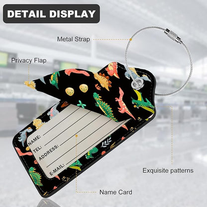 2Pack Luggage Tags for Suitcases, Cute Unique Pu Leather Cruise Luggage Tag with Privacy Cover ID Label Address Card and Metal Ring Suitable for Women Men Kids Travel Bag Dinosaurs and Plants