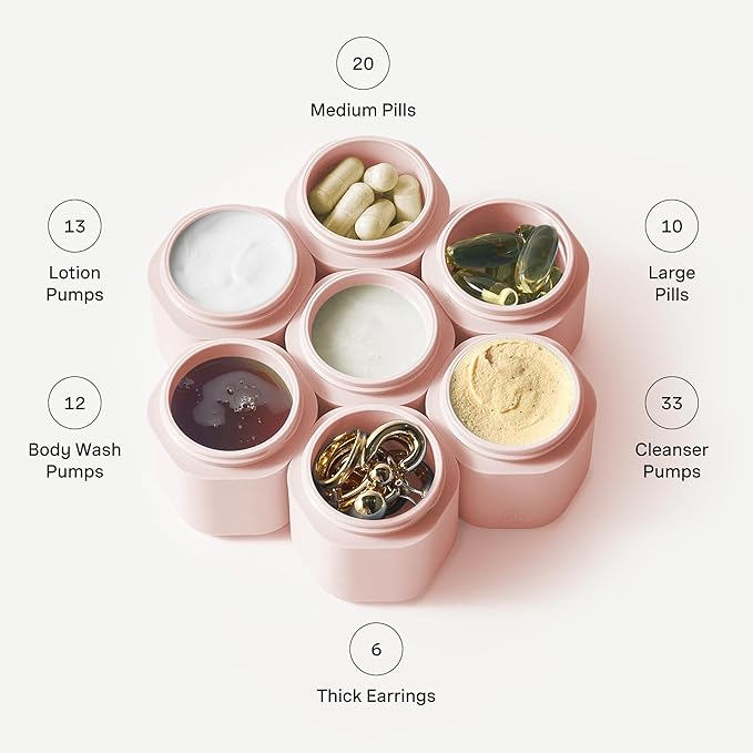 Cadence Travel Containers - Body Care Capsule Set - Magnetic Containers with Lids,Carry On Travel Essentials for Women/Men - 3 Flex Mediums (1.32oz) - Body Wash, Lotion & Sun Icon Labels - Petal