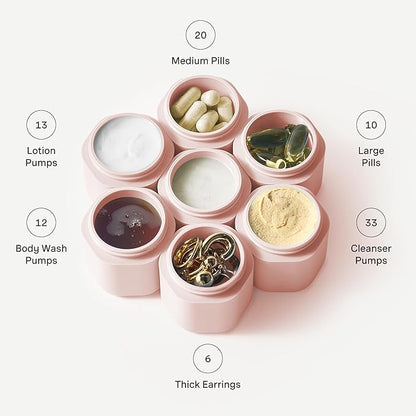 Cadence Travel Containers - Body Care Capsule Set - Magnetic Containers with Lids,Carry On Travel Essentials for Women/Men - 3 Flex Mediums (1.32oz) - Body Wash, Lotion & Sun Icon Labels - Petal