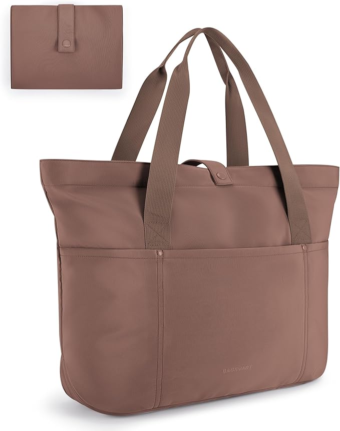 BAGSMART Tote Bag for Women, Foldable Tote Bag With Zipper Travel Large Shoulder Bag Handbag for Work-16.5''l X 6''wx 14''h