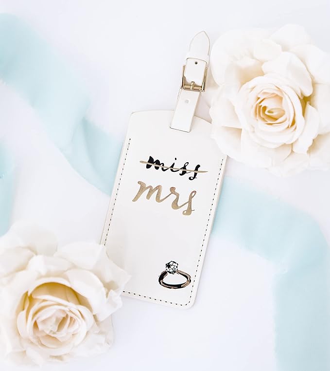 Kate Spade New York White Vegan Leather Luggage Tag, Bridal Gift for Bride, Cute Travel Tag for Honeymoon, Durable Suitcase Tag, Miss to Mrs.