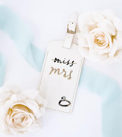 Kate Spade New York White Vegan Leather Luggage Tag, Bridal Gift for Bride, Cute Travel Tag for Honeymoon, Durable Suitcase Tag, Miss to Mrs.