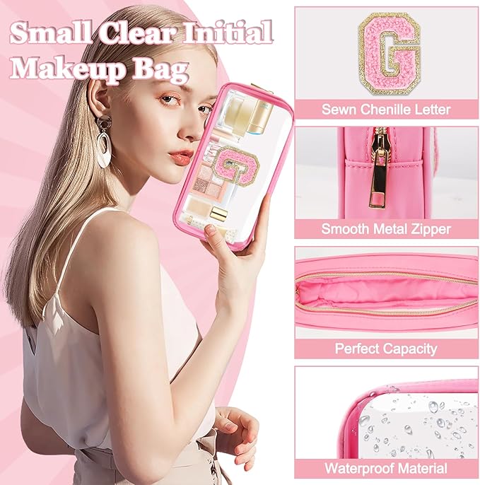 Small Clear Personalized Initial Makeup Bag,Nylon Preppy A-Z Chenille Letter Patch Cosmetic Pouch Beach Toiletry Bag,Waterproof Zipper Travel Purse Storage Bag Organizer for Women Girls(Pink-Pink G)