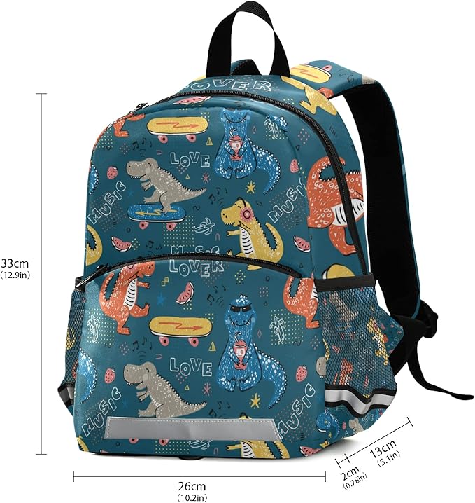 Cute Dinosaurs skateboard Kid's Toddler Backpack for Boys Girls Preschool Nursery with Safety Leash (011410)