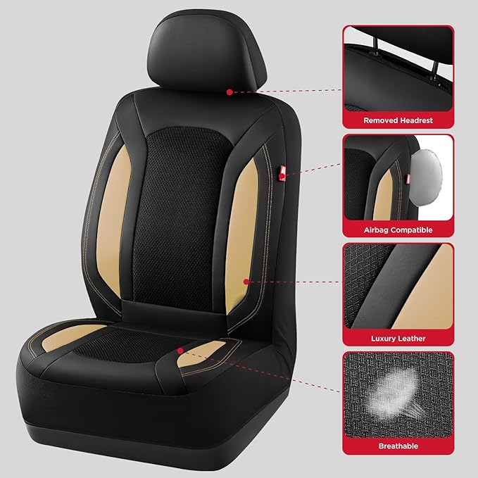 Rubbermaid Leather Mesh Car Seat Covers, Breathable Air Mesh Front Seat Cover, Universal Fit Slip-on Design, Airbag Compatible, Automotive Seat Protector for Most Cars, SUVs, Trucks, Vans-Beige