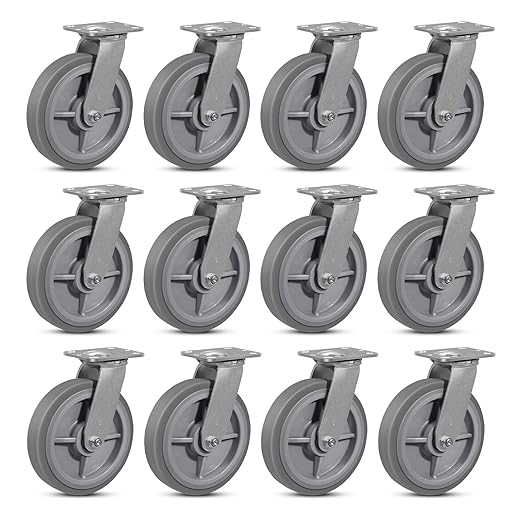 8 Inch Rubber Wheels (Flat Tread)- Heavy Duty Casters, Industrial Caster Wheels- with up to 1200 LB Capacity- Use for Dollies, Utility and Maintenance Carts(12 Swivel)