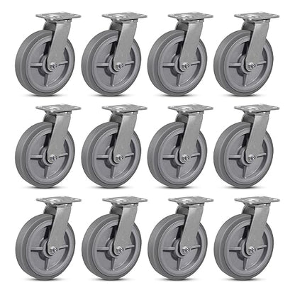 8 Inch Rubber Wheels (Flat Tread)- Heavy Duty Casters, Industrial Caster Wheels- with up to 1200 LB Capacity- Use for Dollies, Utility and Maintenance Carts(12 Swivel)