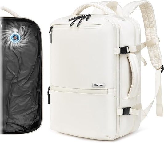 Dinictis Vacuum Seal Travel Backpack 60L Built-in Pump, Expandable Backpack with Vacuum Compression Fits 17 inch Laptop, Water Resistant Carry On Suitcase Luggage for Short Trip and Business-Beige